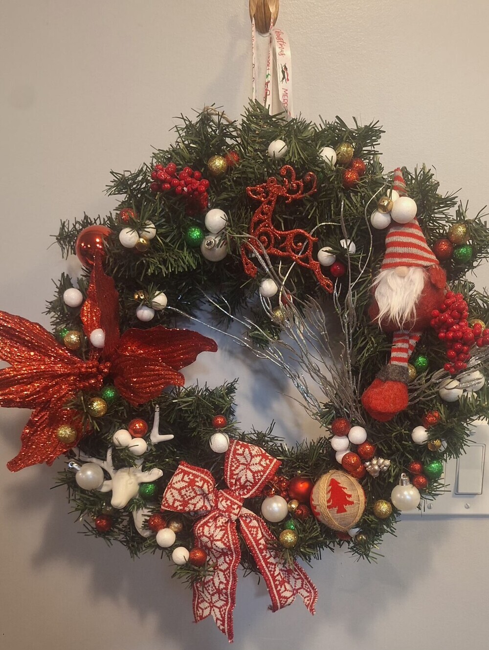 Handmade Festive Red Holiday Wreath with Gnome and Bow